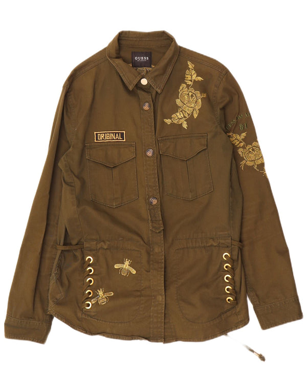 Guess Damen-Militärjacke mit Grafik, UK 12, mittleres Khaki mit Blumenmuster