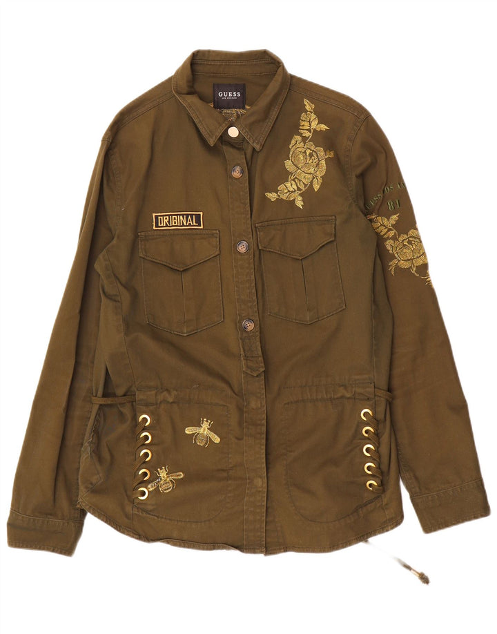 Guess Damen-Militärjacke mit Grafik, UK 12, mittleres Khaki mit Blumenmuster