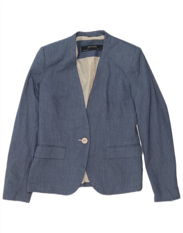 Zara Damen 1-Knopf-Blazerjacke EU 38 Mittelblaues Polyester