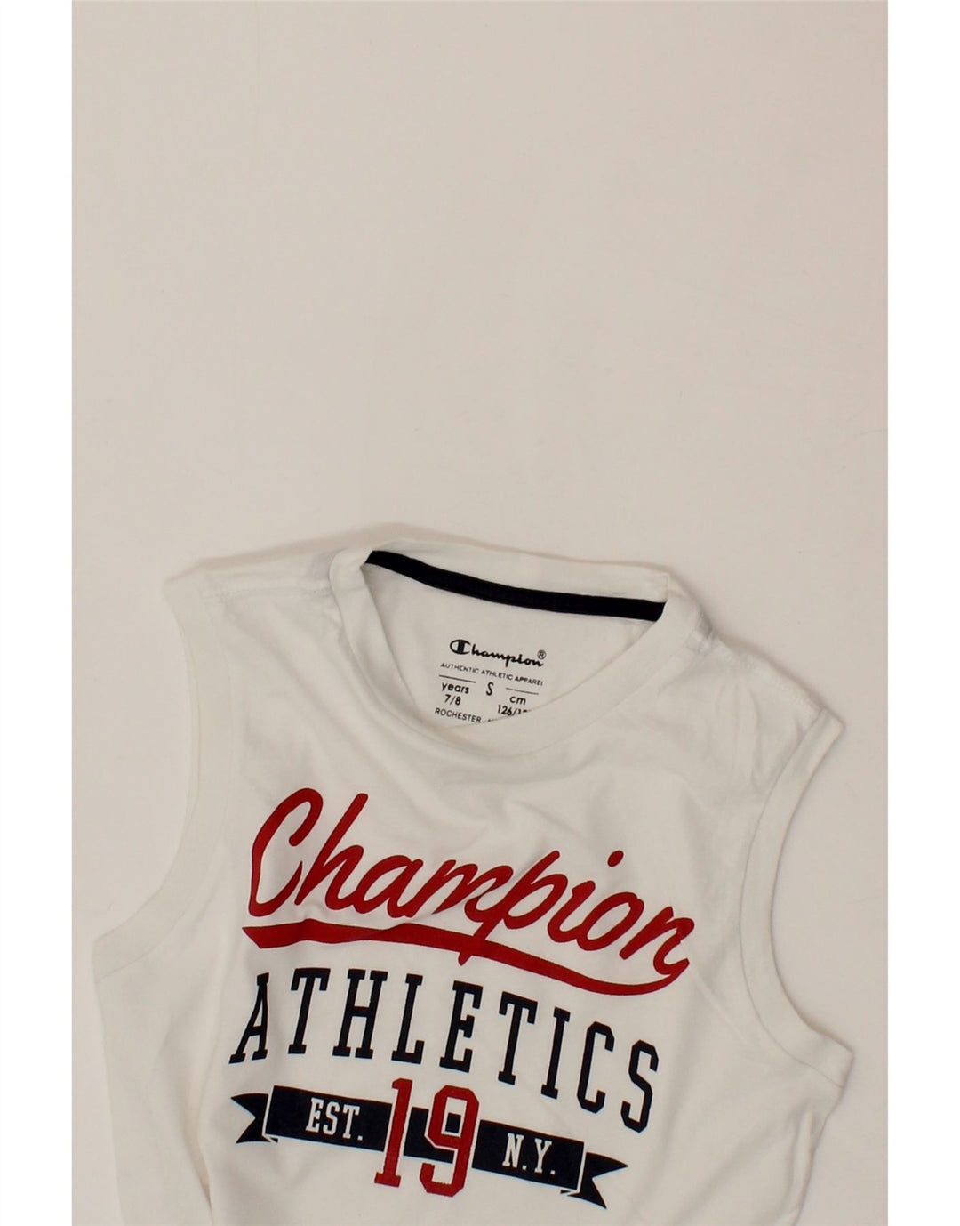 CHAMPION Boys Graphic Vest Top 7-8 Years Small White Cotton Vintage Champion and Second-Hand Champion from Messina Hembry 