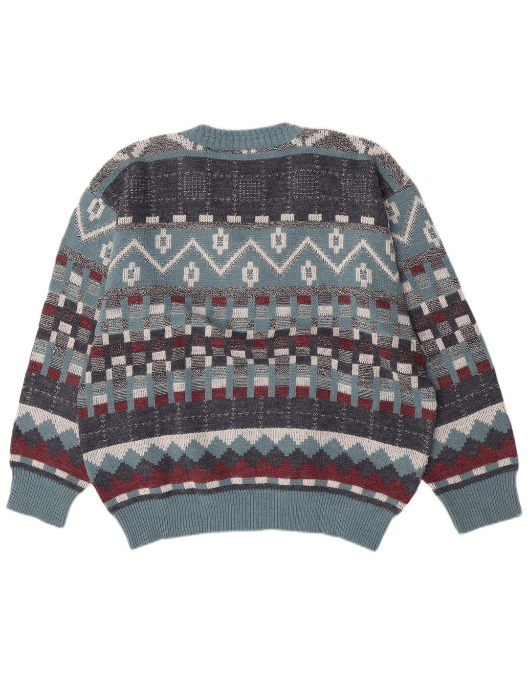 Vintage Herren V-Ausschnitt Pullover Pullover Große blaue geometrische Wolle