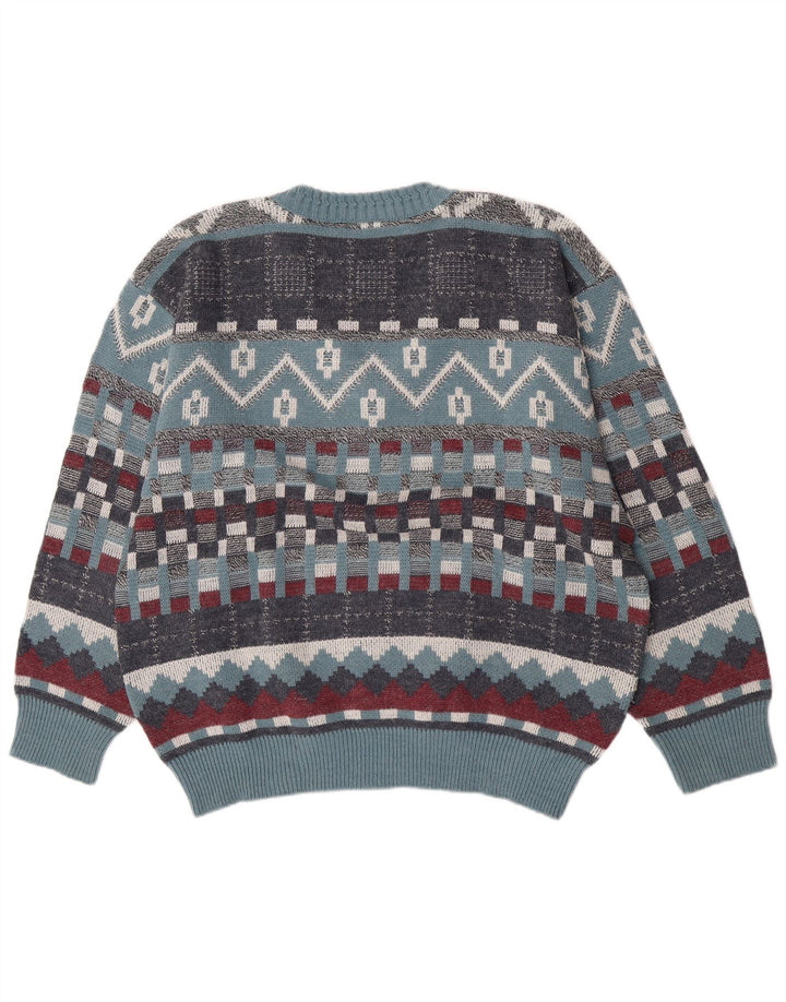 Vintage Herren V-Ausschnitt Pullover Pullover Große blaue geometrische Wolle