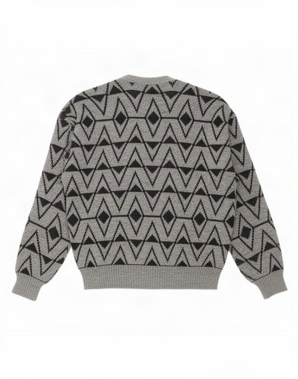 Vintage Herren Pullover mit Rundhalsausschnitt, groß, grau, geometrisch, Acryl