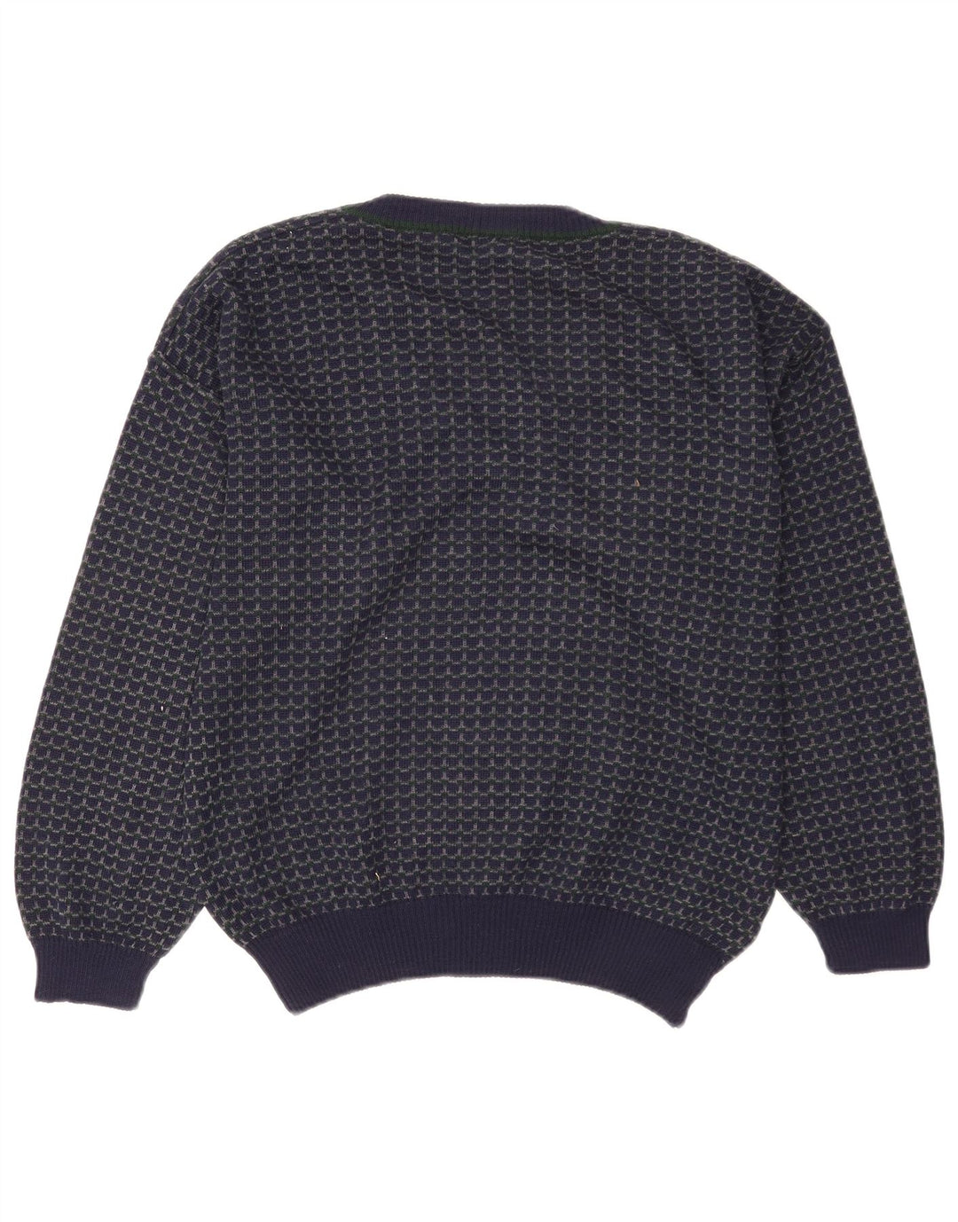 Vintage Herren Pullover mit V-Ausschnitt, große marineblaue geometrische Wolle