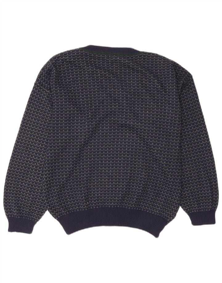 Vintage Herren Pullover mit V-Ausschnitt, große marineblaue geometrische Wolle