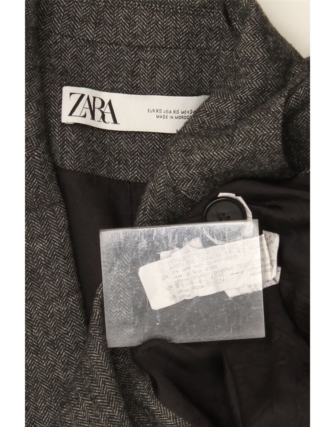 ZARA Womens 1 Button Blazer Jacket UK 6 XS Grey Herringbone Wool