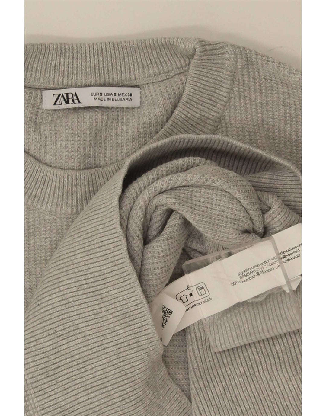 Zara Herren-Pullover mit Rundhalsausschnitt, Größe S, graue Baumwolle