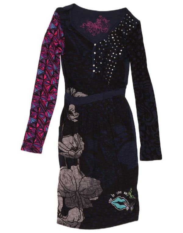 Desigual Damen Grafisches Etuikleid UK 8 Small Marineblau mit Blumenmuster