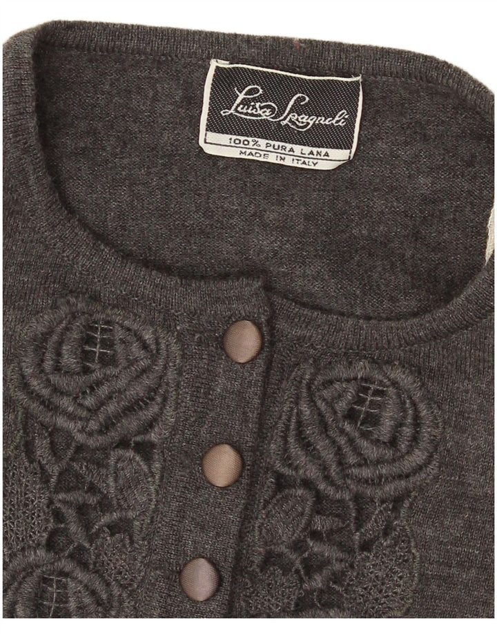 Luisa Spagnoli Damen-Pullover mit Knopfkragen, Gr. 14, Mittelgrau mit Blumenmuster