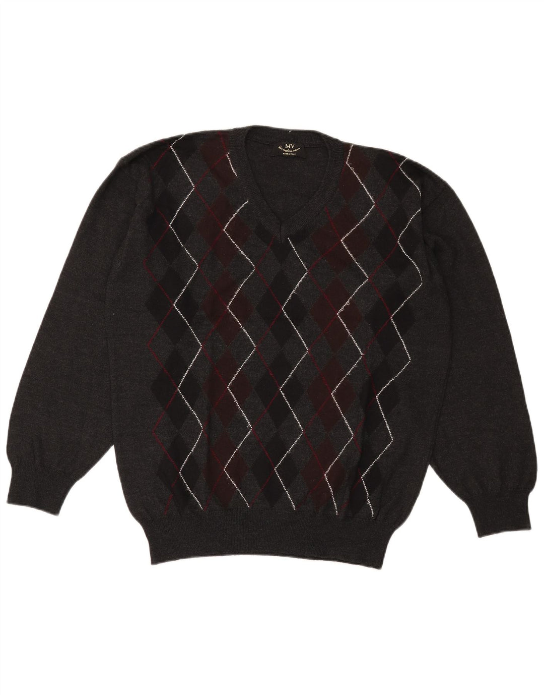 Vintage Mens V-Neck Jumper Sweater XL Grey Argyle/Diamond Wool