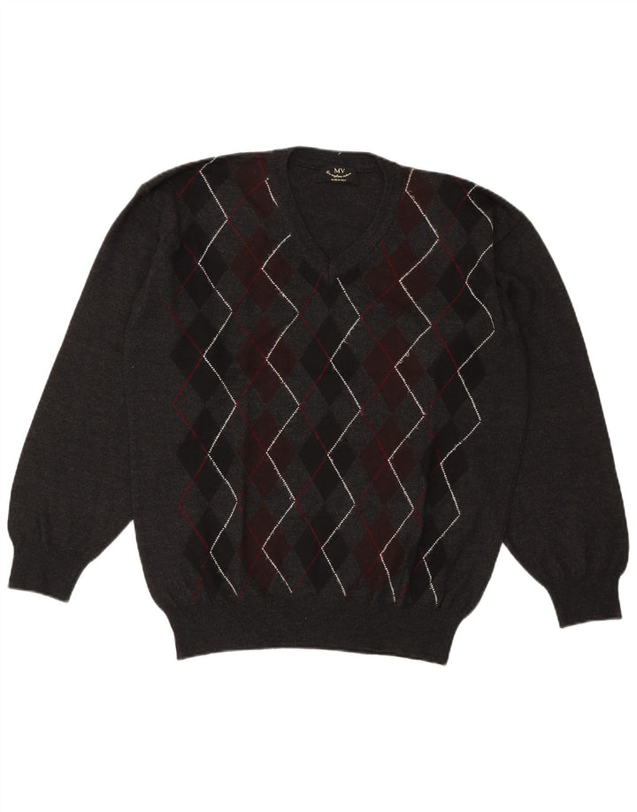 Vintage Mens V-Neck Jumper Sweater XL Grey Argyle/Diamond Wool