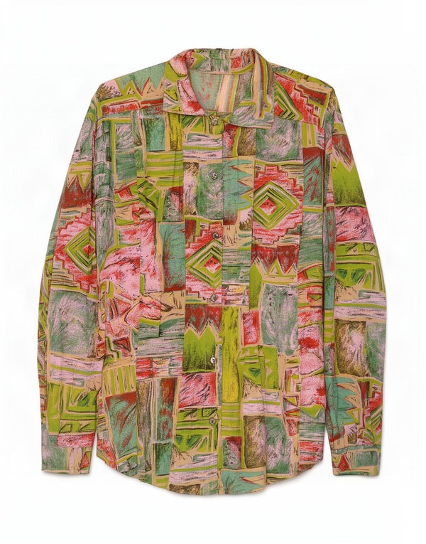 Vintage Damen Shirt UK 16 Groß Mehrfarbig Geometrisch