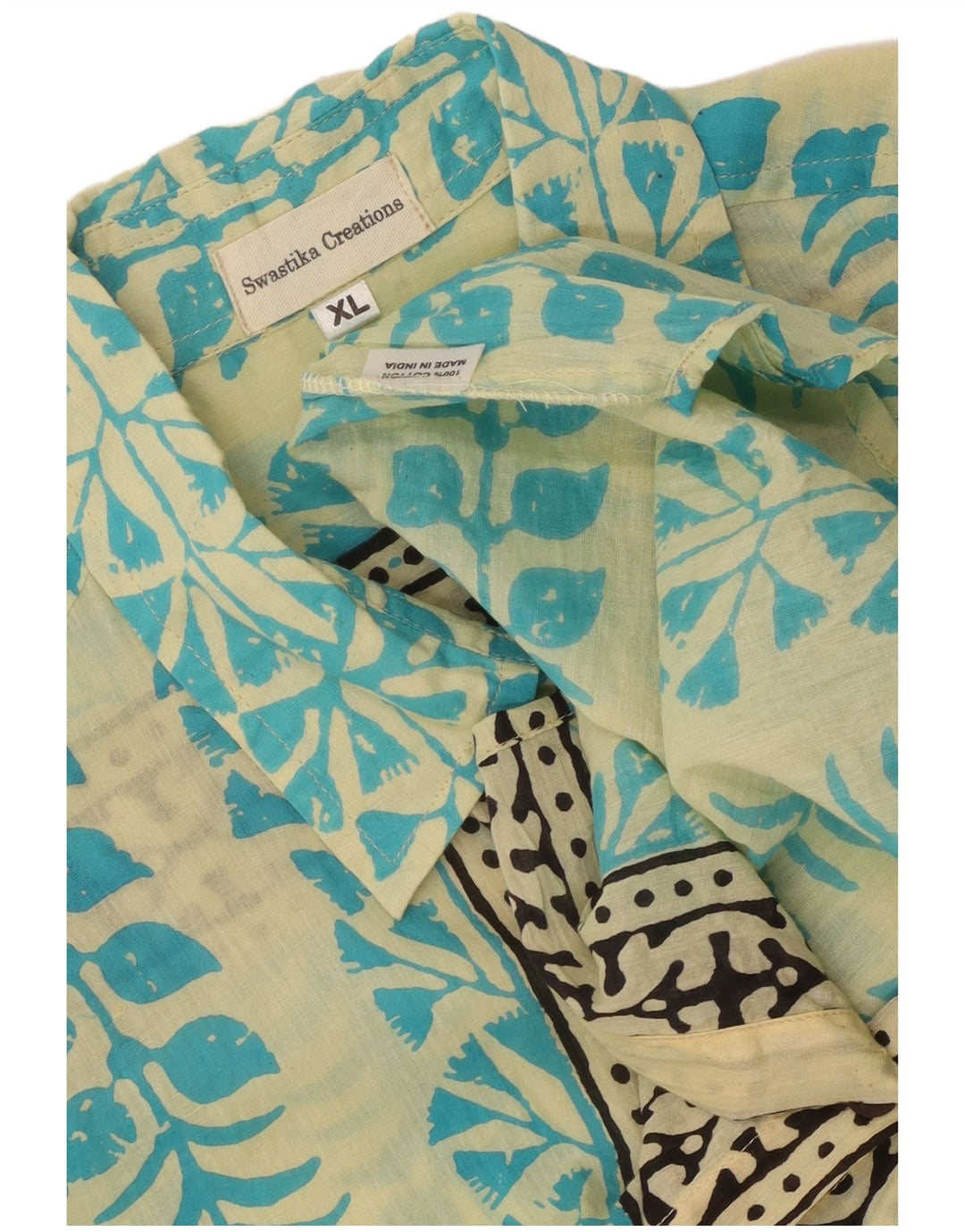 Vintage Herren Hemd mit abstraktem Muster, kurzärmelig, XL, blau, Baumwolle, Ethno