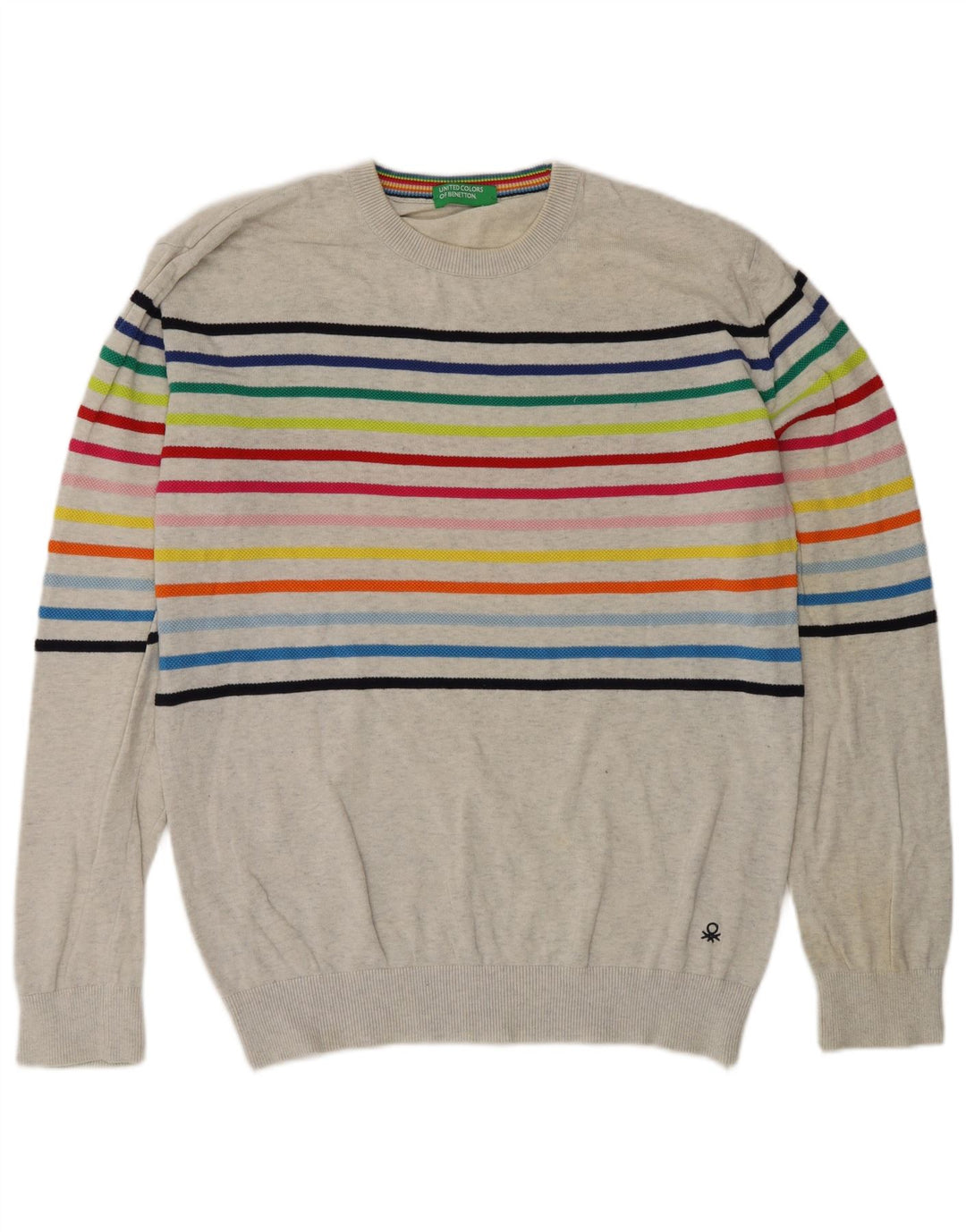 Benetton Herren-Pullover mit Rundhalsausschnitt, mittelgrau gestreift