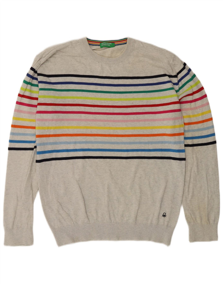 Benetton Herren-Pullover mit Rundhalsausschnitt, mittelgrau gestreift