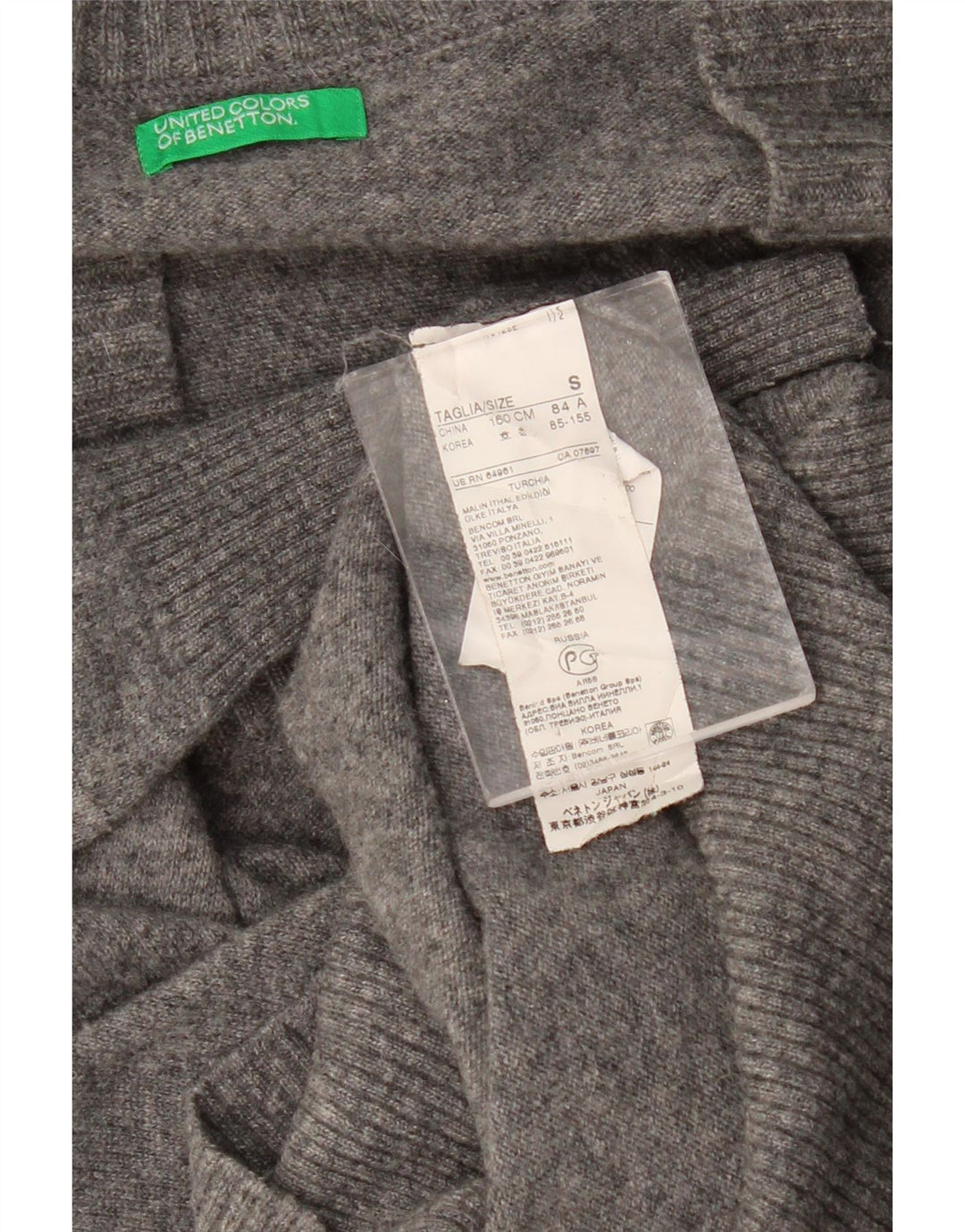 BENETTON Damen-Pullover, übergroß, lang geschnitten, mit V-Ausschnitt, Gr. 10, Größe S, Grau