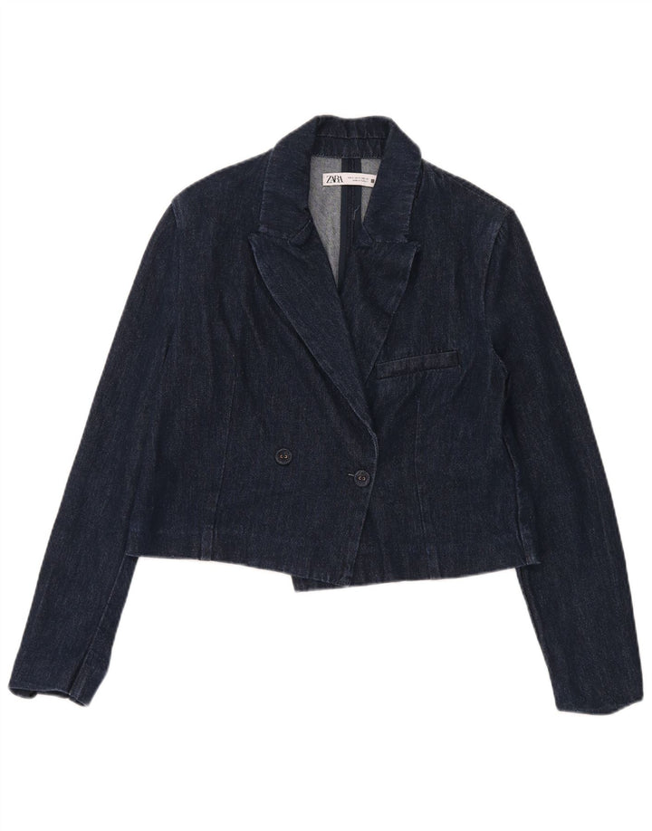 Zara Damen Crop Double Breasted Denim Blazer Jacke UK 10 Small Marineblau