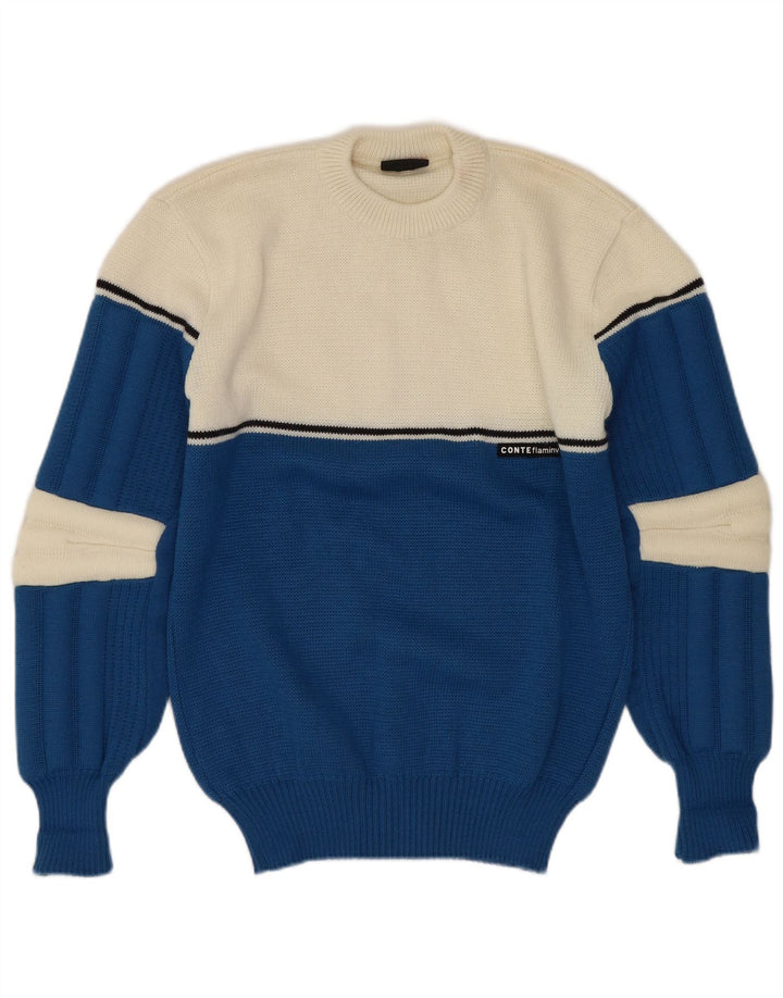 Vintage Damen Pullover mit Rundhalsausschnitt IT 46 Große blaue Colourblock-Wolle