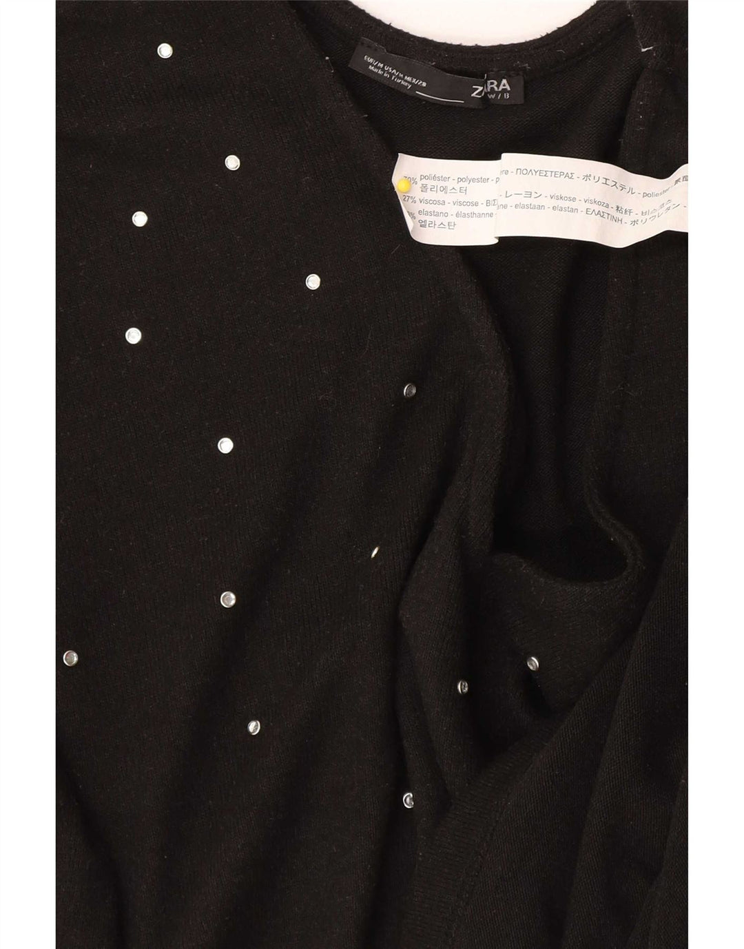 Zara Damen Top Langarm UK 14 Mittelschwarz gepunktetes Polyester