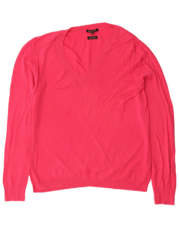 Massimo Dutti Womens V-Neck Jumper Sweater UK 14 Large Pink Cotton