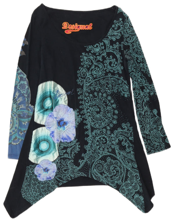 Desigual Womens Graphic Asymmetric Tunic Top UK 12 Medium Black Floral