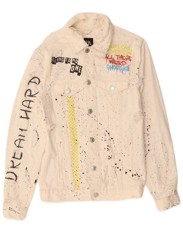 Zara Herren-Jeansjacke mit Grafik, UK 36, Größe S, weiß gefleckte Baumwolle