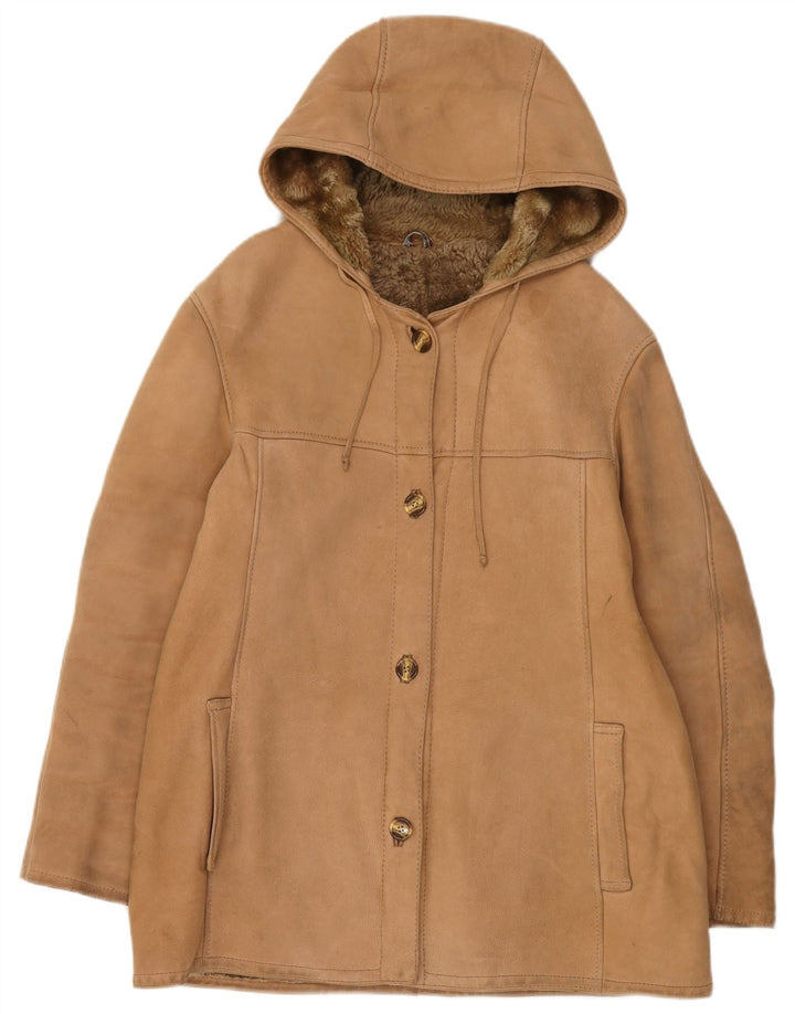 Vintage Damen Lammfelljacke mit Kapuze UK 12 Medium Beige