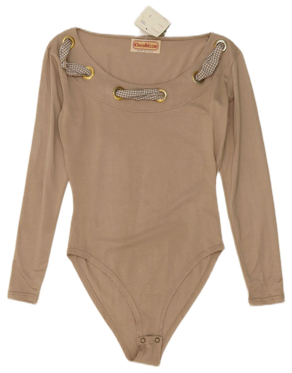 Vintage Damen Langarm-Body UK 14 Große Beige Viskose