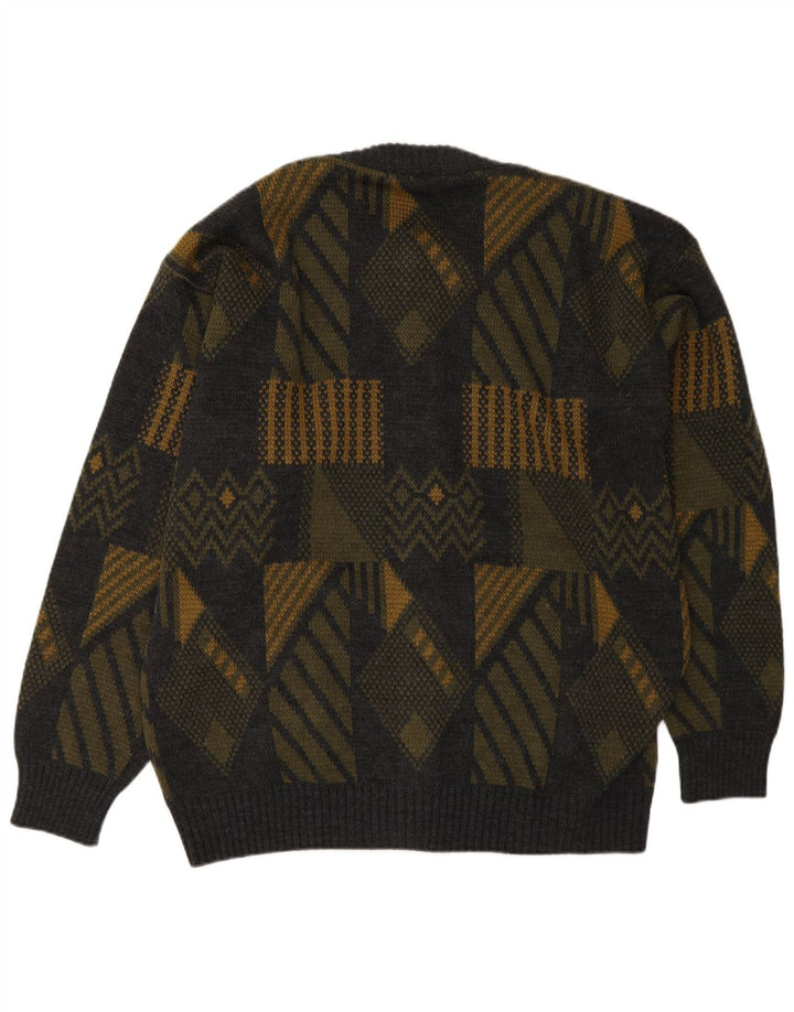 Vintage Herren-Cardigan-Pullover, groß, grau, geometrisch, Polyacryl