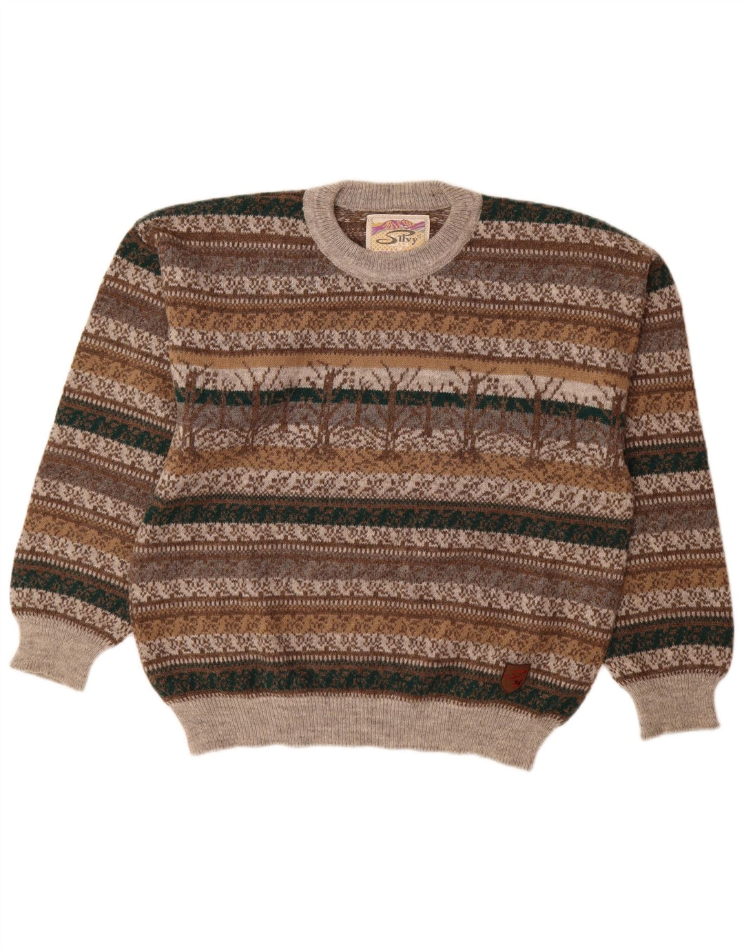 Silvy Herren-Pullover mit Rundhalsausschnitt, Größe 48, mittelgraue Fair-Isle-Alpakawolle