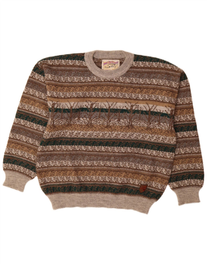 Silvy Herren-Pullover mit Rundhalsausschnitt, Größe 48, mittelgraue Fair-Isle-Alpakawolle