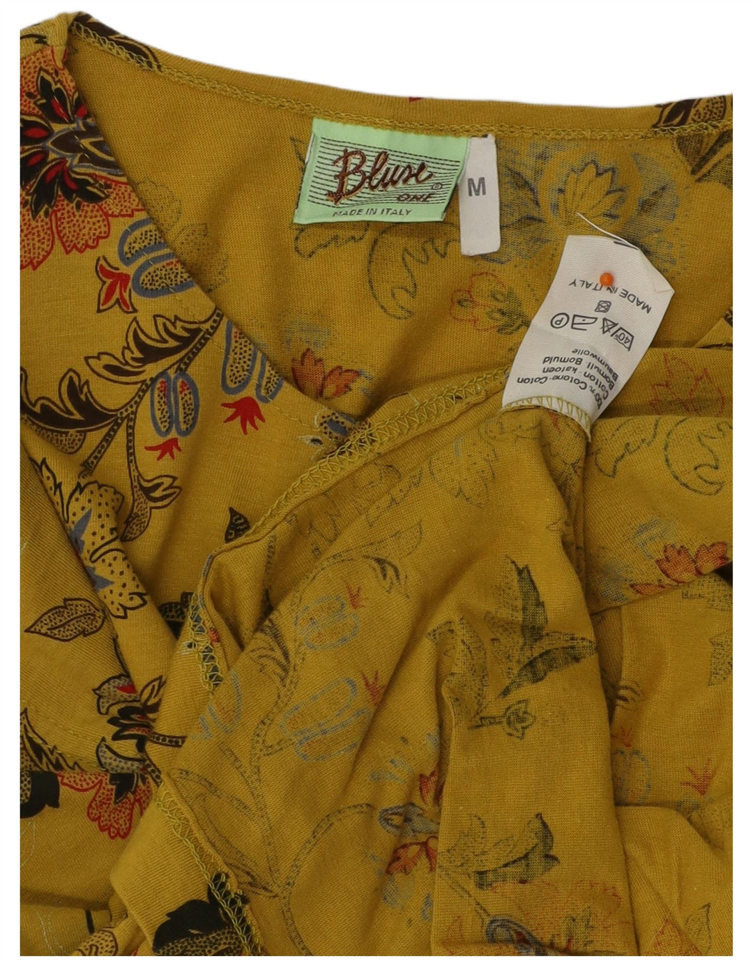 VINTAGE Damen Bluse Top UK 12 Mittelgelbe geblümte Baumwolle