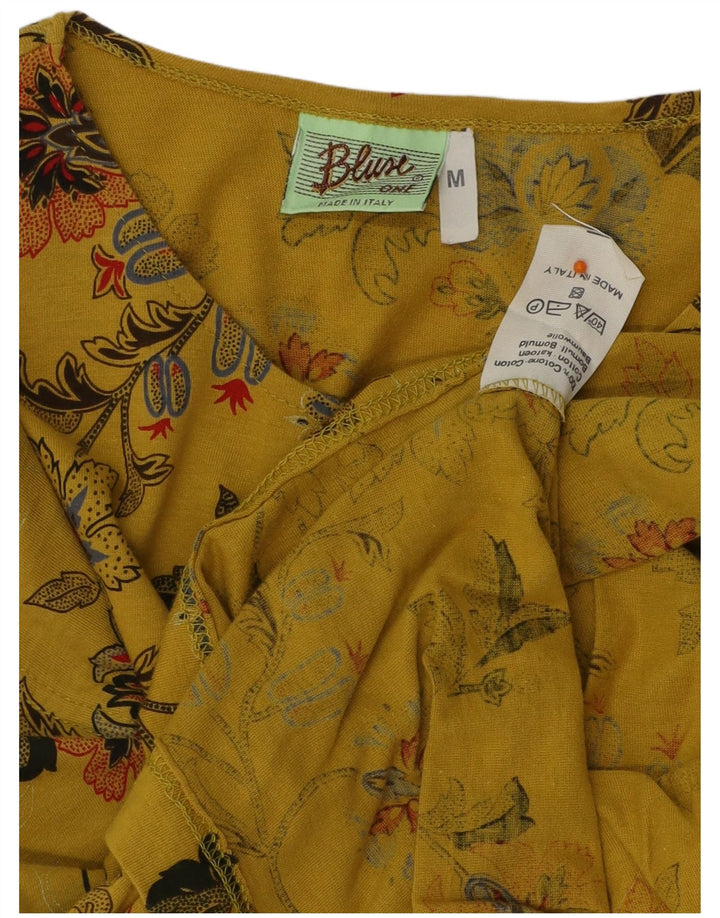 VINTAGE Damen Bluse Top UK 12 Mittelgelbe geblümte Baumwolle