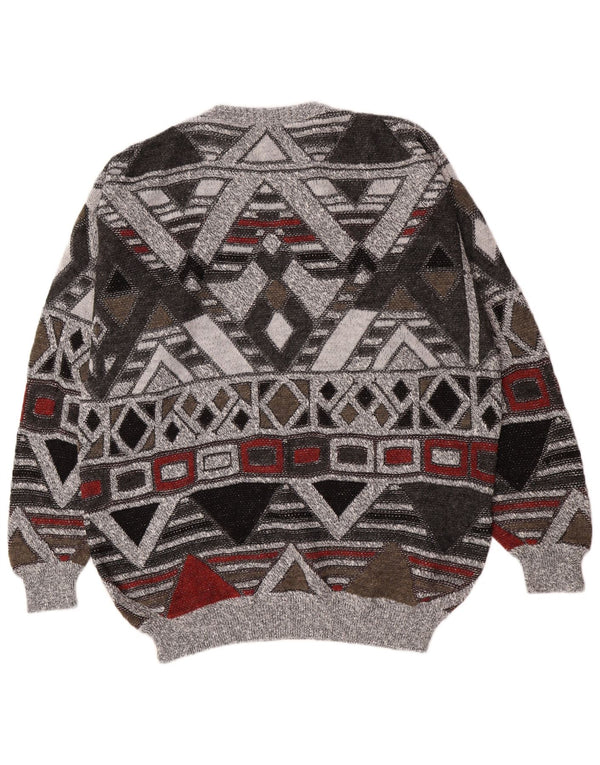 Vintage Herren Rundhalspullover Pullover UK 38/40 Mittelgrau Geometrisch