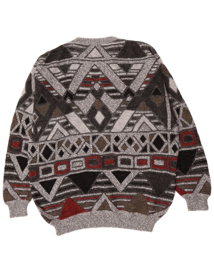 Vintage Herren Rundhalspullover Pullover UK 38/40 Mittelgrau Geometrisch