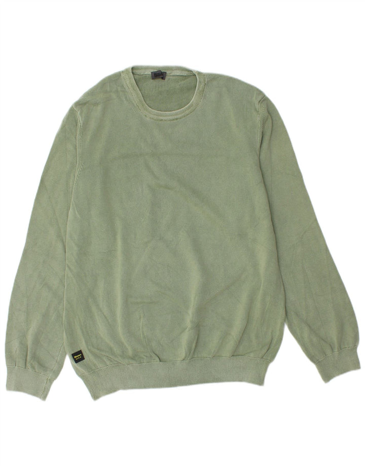 Blauer Herren-Pullover mit Rundhalsausschnitt, XL, grüne Baumwolle