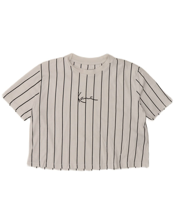 Karl Kani Damen Crop Oversize Graphic T-Shirt Top UK 6 XS Weiß gestreift