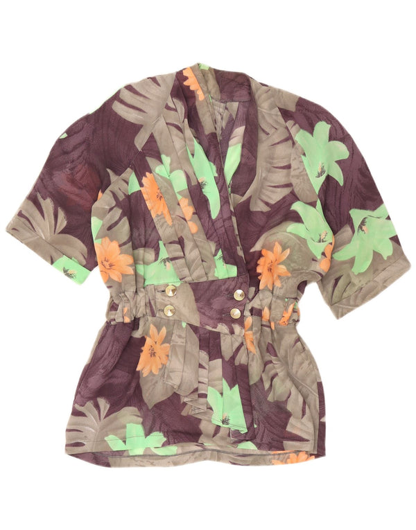 Vintage Damen Zweireihige Blazerjacke UK 16 Groß Grau geblümt