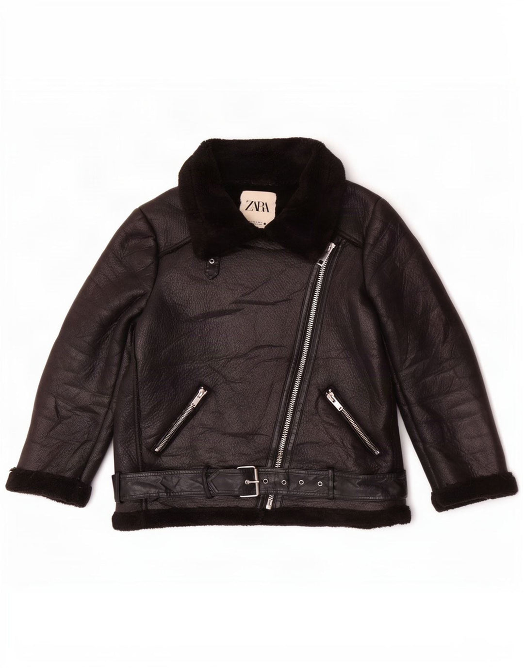 Zara Damen Sherpa Kunstleder Bikerjacke UK 14 Medium Schwarz Polyester