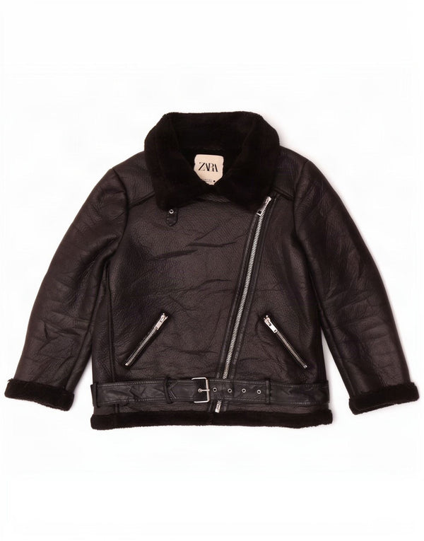 Zara Damen Sherpa Kunstleder Bikerjacke UK 14 Medium Schwarz Polyester