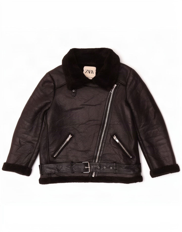 Zara Damen Sherpa Kunstleder Bikerjacke UK 14 Medium Schwarz Polyester