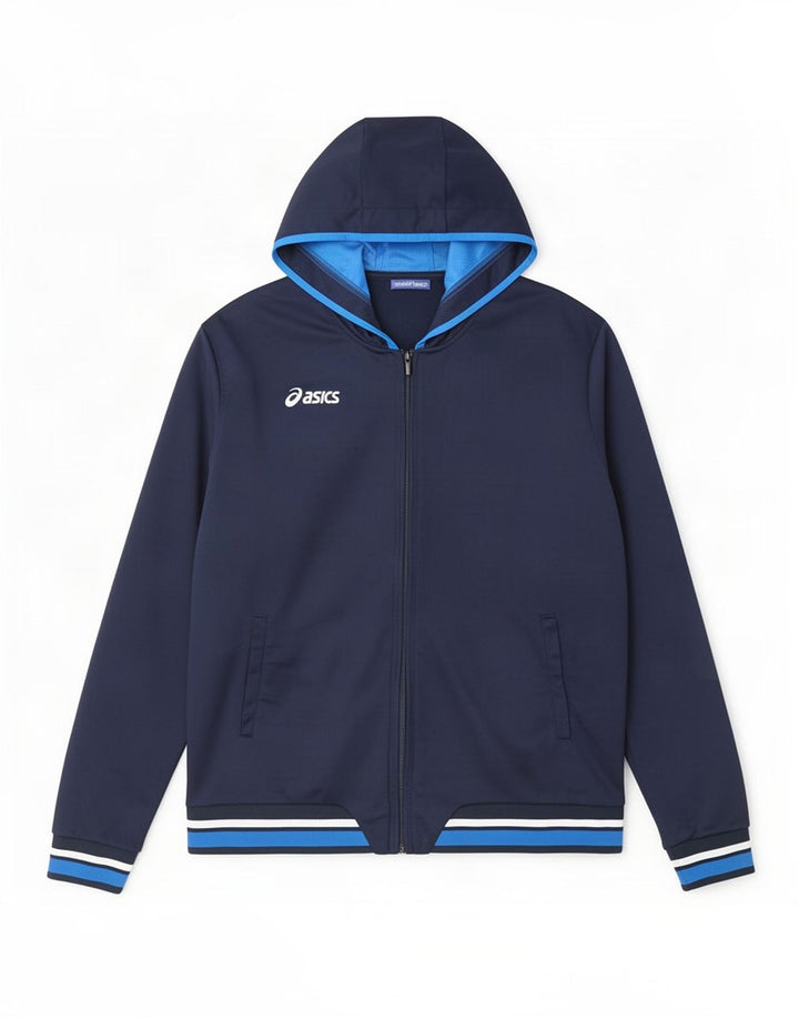 Asics Herren-Trainingsanzug mit Kapuze, große Jacke, Marineblau, Farbblock
