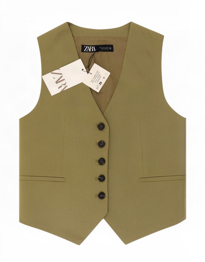 Zara Damen Weste UK 14 Medium Khaki Leinen