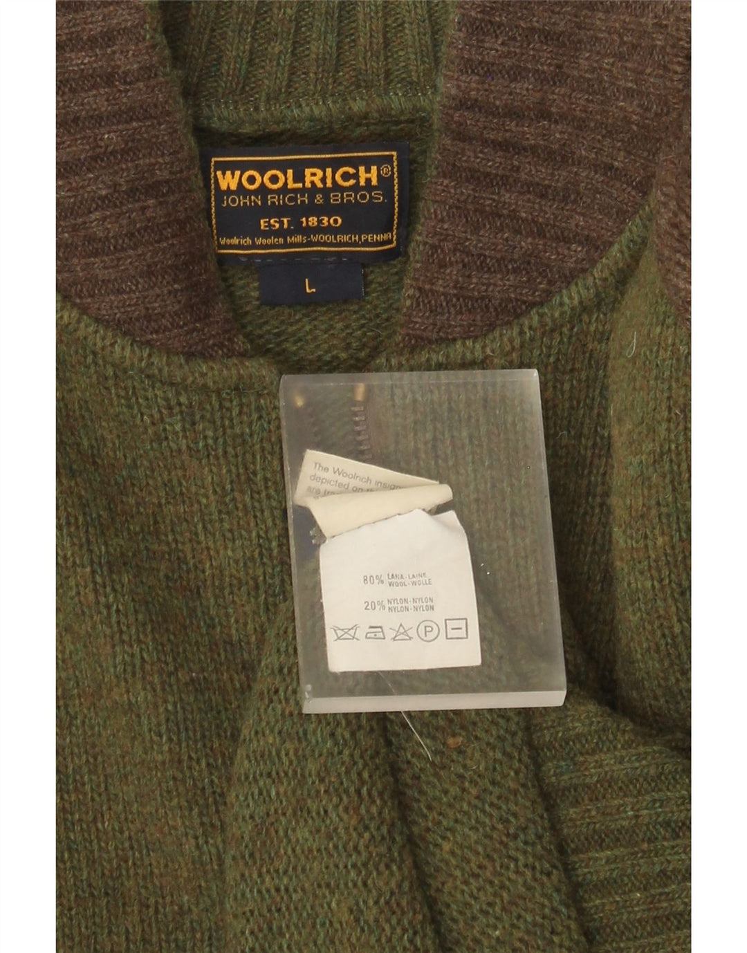 Woolrich Herren-Cardigan mit Grafik, groß, grüne Colourblock-Wolle