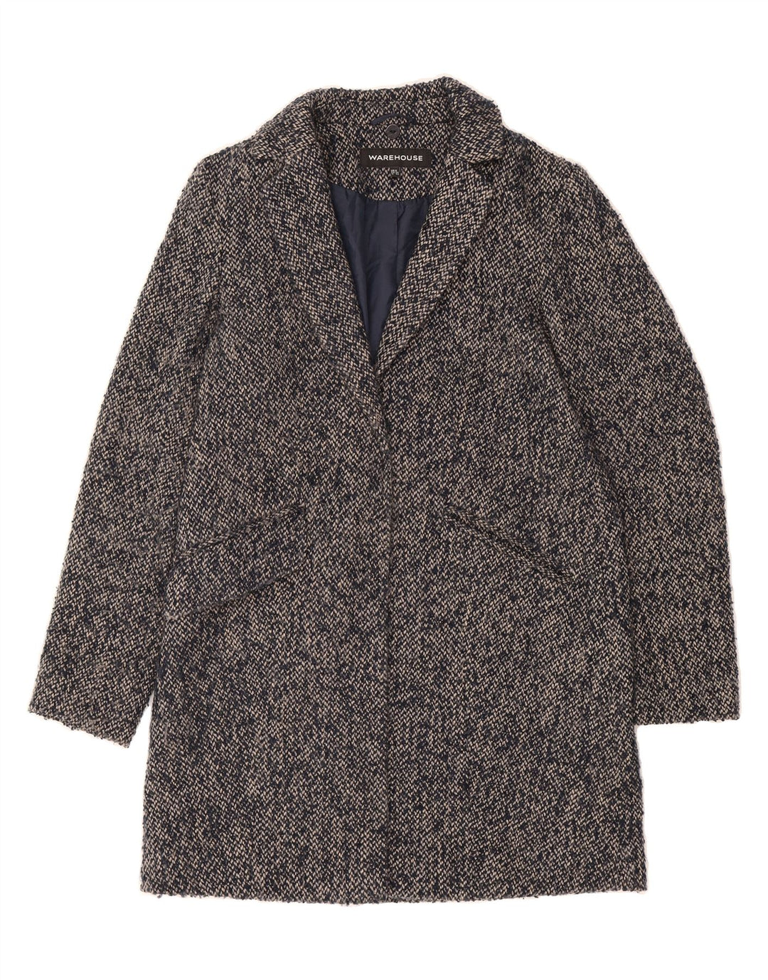 WAREHOUSE Womens Overcoat UK 6 XS Navy Blue Flecked Polyester Vintage Warehouse and Second-Hand Warehouse from Messina Hembry 