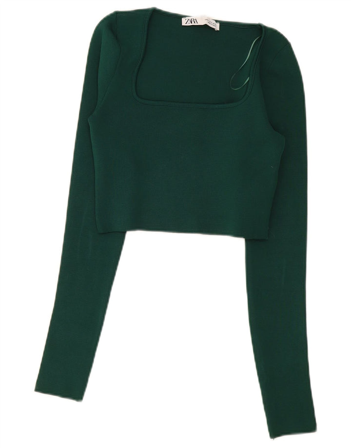Zara Damen Crop Top Langarm UK 8 Small Grün Polyester
