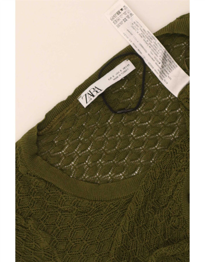 Zara Damen Crop Bluse Top UK 8 Small Khaki Viskose