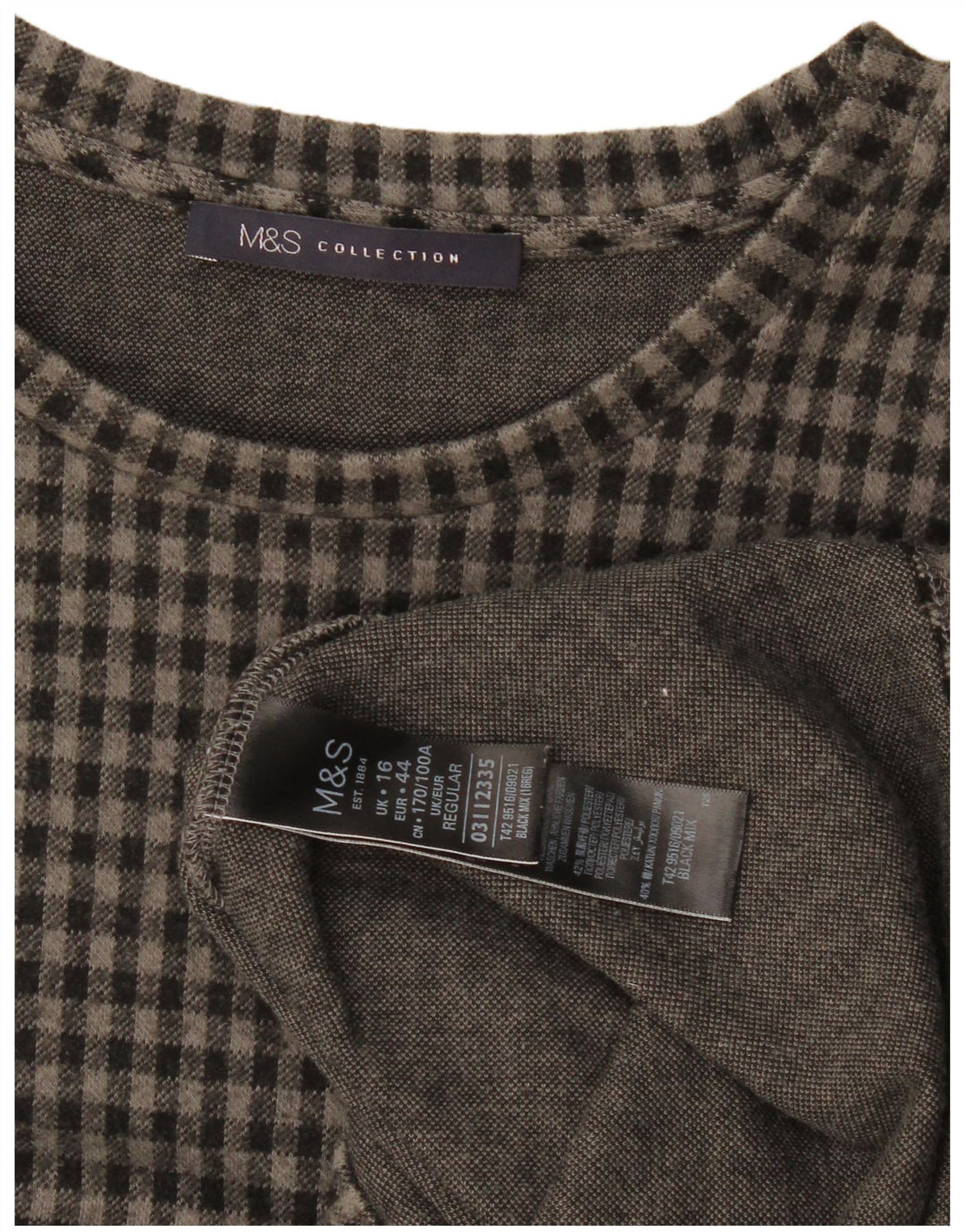 Marks & Spencer Damen-Etuikleid mit 3/4-Ärmeln, Gr. 16, großes graues Gingham-Muster