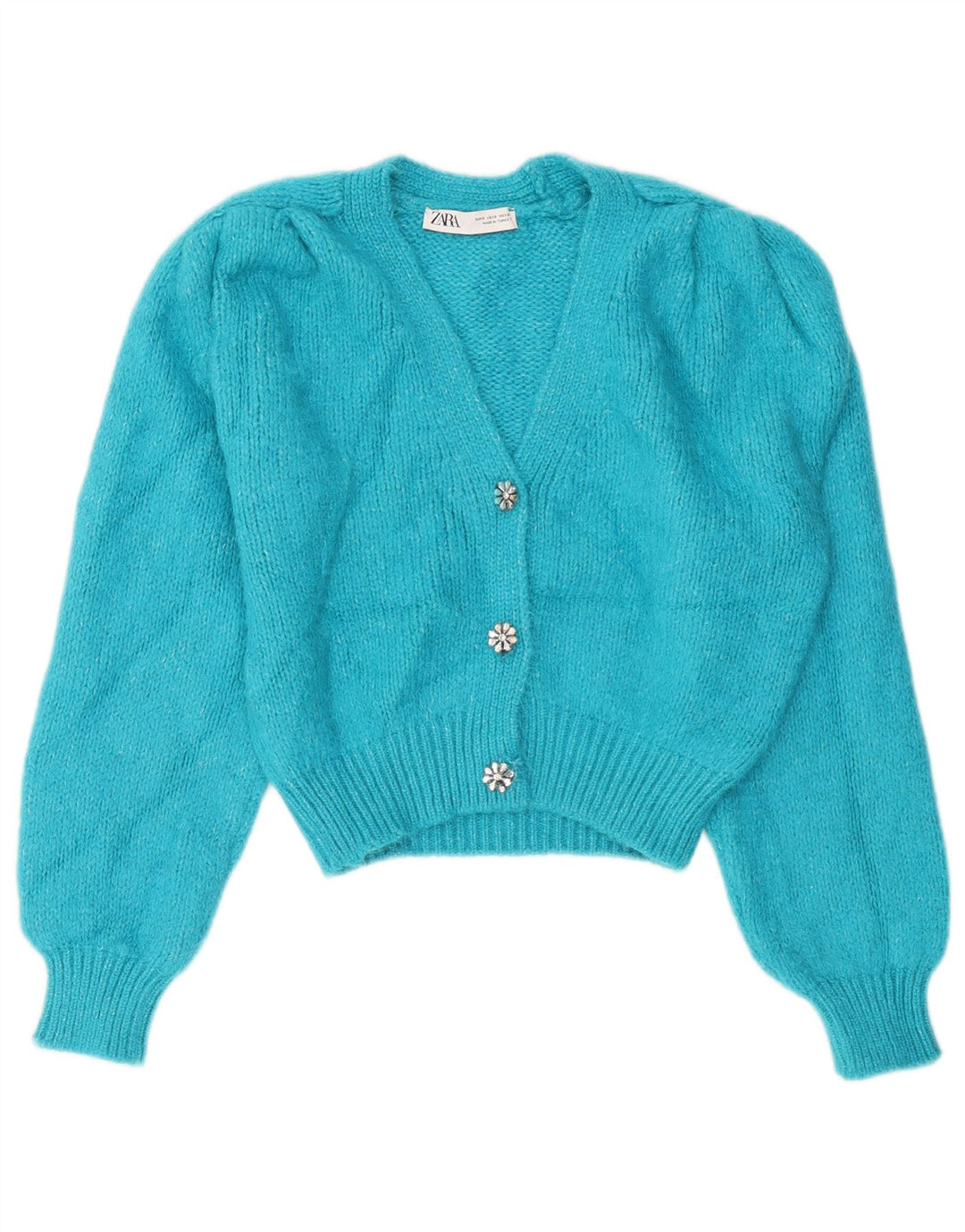 ZARA Damen Crop Cardigan Pullover UK 10 Small Blau Acryl