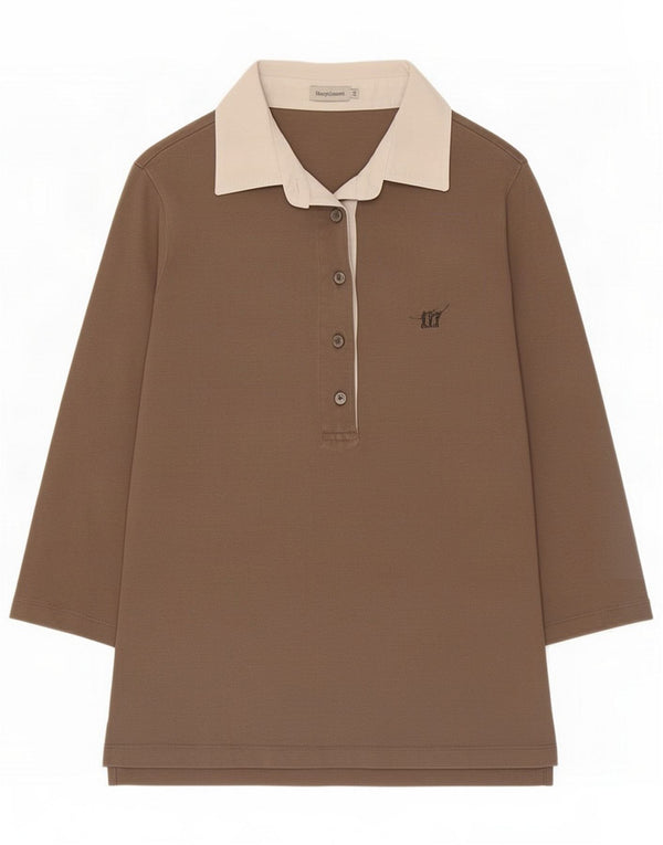 Henry s Womens 3/4 Sleeve Polo Shirt IT 44 Medium Beige Colourblock